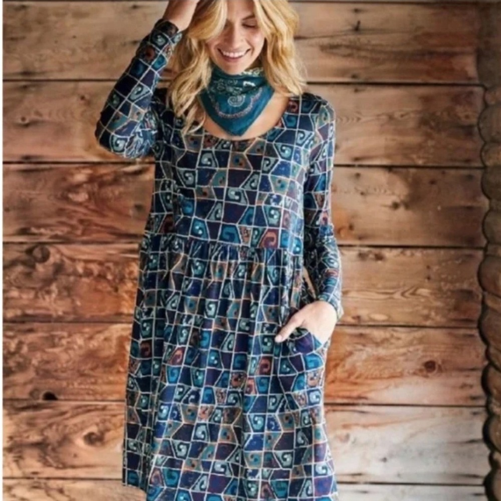 Peruvian Connection Huari Pima Cotton Long Sleeve Pocket Dress‎ Navy Rust Large